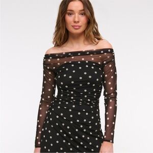 off the shoulder mesh mini dress polka dot.